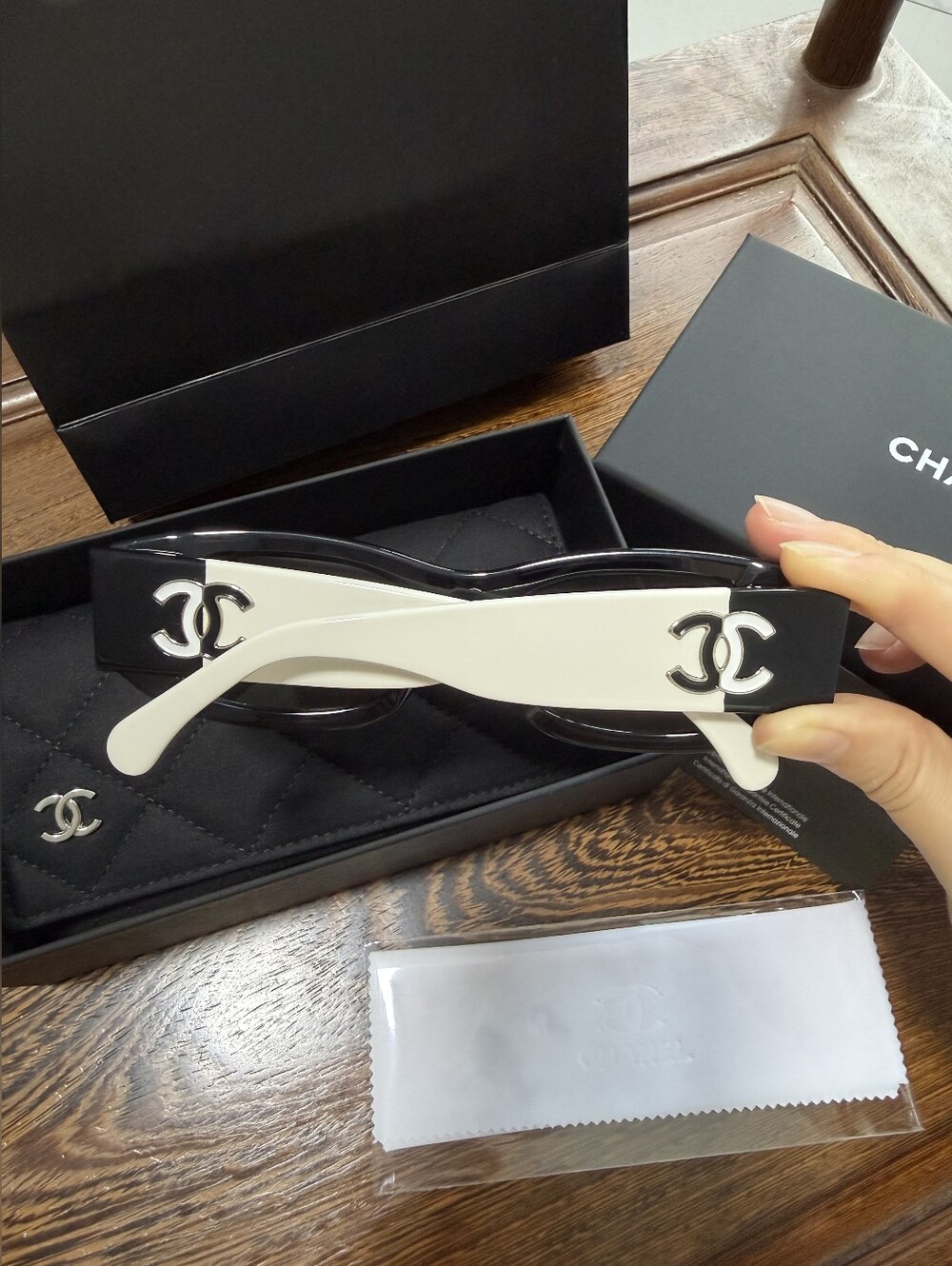 CHANEL Black and White Logo Cat-Eye Sunglasses